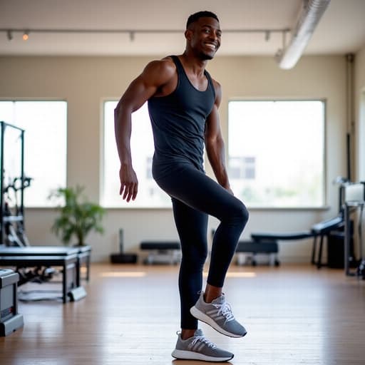 10대 후반 흑인 남성이 긍정적인 미소를 지으며 운동화를 신는 모습이 담긴 반신 샷입니다. 그는 트렌디한 운동복을 입고 한쪽 발을 들어올려 신발을 착용하고 있으며, 밝고 현대적인 필라테스 스튜디오의 배경에서 활동적이고 동기 부여가 되는 느낌을 전달합니다.