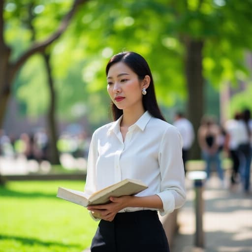 50대 초반의 세련된 동양인 여성이 스타일리시한 블라우스와 슬랙스를 입고 책을 읽으며 집중하는 모습의 반신 사진. 배경은 학생들이 지나가는 녹음이 우거진 대학 정원이다.