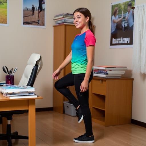 밝은 스포츠웨어를 입은 자신감 있는 10대 유럽계 소녀가 아늑한 공부방에서 한쪽 다리를 들어올려 운동화를 신으려 하고 있습니다. 그녀의 생기 넘치는 표정과 건강한 외모가 에너제틱한 분위기를 강조하며, 배경의 책상과 스포츠 포스터들이 잘 어우러집니다.