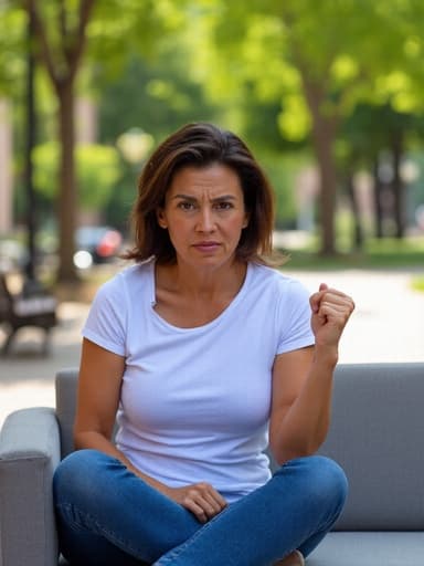 이 이미지는 40대 중반의 라틴계 여성으로, 편안한 티셔츠와 청바지를 입고 소파에 앉아 분노한 표정을 짓고 있는 모습을 담고 있습니다. 짙은 갈색 머리와 뚜렷한 이목구비가 강조된 반신 촬영으로, 한 손은 소파에 놓고 다른 손은 주먹을 쥐고 있습니다. 대학 캠퍼스의 나무와 벤치가 있는 평화로운 배경은 그녀의 강렬한 감정과 대조를 이루어 매력적인 이야기를 만들어냅니다.