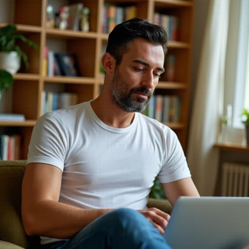 40대 초반 혼혈 남성이 캐주얼한 티셔츠와 청바지를 입고 반신 촬영된 모습입니다. 그는 아늑한 집 안에서 노트북을 사용하며 편안하고 집중된 표정을 짓고 있으며, 책장과 실내 식물로 둘러싸인 환경에서 여유와 집중력을 전달하고 있습니다.