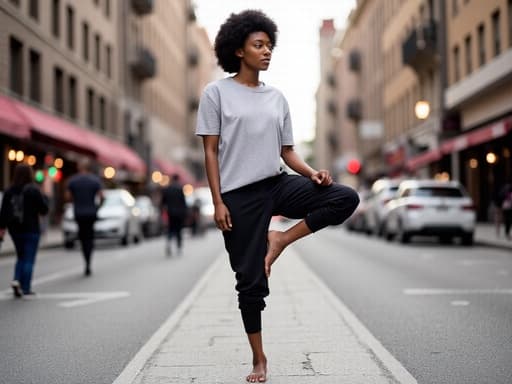 10대 후반의 흑인 여성 모델이 캐주얼한 티셔츠와 요가 팬츠를 입고 반신 샷으로 촬영되었습니다. 그녀는 한쪽 발을 올리고 균형을 잡으며 주변을 무관심한 표정으로 바라보는 요가 자세를 취하고 있습니다. 배경에는 사람들과 차량이 지나가는 바쁜 도시 거리의 모습이 있어, 그녀의 차분한 태도와 대조되는 생동감 넘치는 도시 환경을 만들어냅니다.