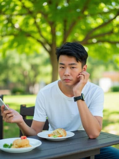 30대 중반의 피곤한 동양인 남성이 캐주얼한 티셔츠와 청바지를 입고 야외 테이블에 앉아 있습니다. 한 손에는 음식을 들고 다른 손으로 전화를 사용하며 주변의 나무와 잔디에 둘러싸여 있는 모습으로, 바쁜 현대인의 삶을 잘 나타내고 있습니다.