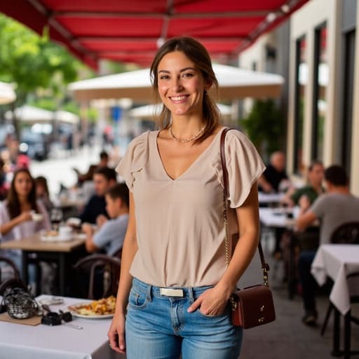 이미지에는 30대 중반의 백인 여성이 캐주얼한 블라우스와 청바지를 입고, 테라스의 식탁 옆에서 따뜻하게 미소를 지으며 서 있는 모습이 담겨 있습니다. 그녀의 작은 크로스백이 세련된 포인트를 더하며, 배경의 야외 레스토랑 풍경은 맑은 하늘 아래 다양한 식사 옵션을 보여주어 편안하고 초대하는 분위기를 만듭니다.