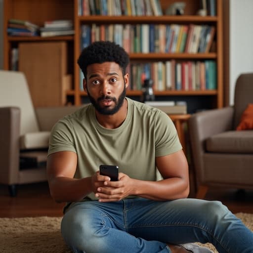 20대 후반의 혼혈 남성이 편안한 개인 공간의 바닥에 앉아 캐주얼한 티셔츠와 청바지를 입고 스마트폰을 들고 놀란 표정을 지으며 화면을 바라보고 있습니다. 배경에는 책장, 소파, 작은 테이블이 있어 아늑하고 매력적인 분위기를 만들어냅니다.