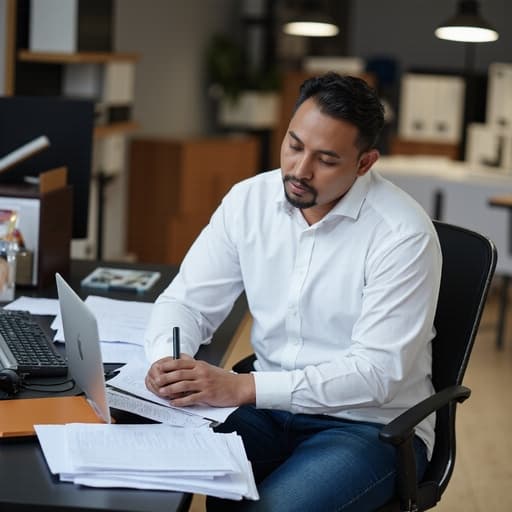 30대 후반의 혼혈 남성이 자연스러운 외모를 지니고 있으며 편안한 흰색 셔츠와 캐주얼한 청바지를 입고 있는 반신 사진입니다. 그는 피곤한 표정을 짓고 있으며, 사무실 환경에서 여러 서류가 흩어져 있는 책상 앞에 앉아 이메일을 작성하는 데 집중하고 있습니다.