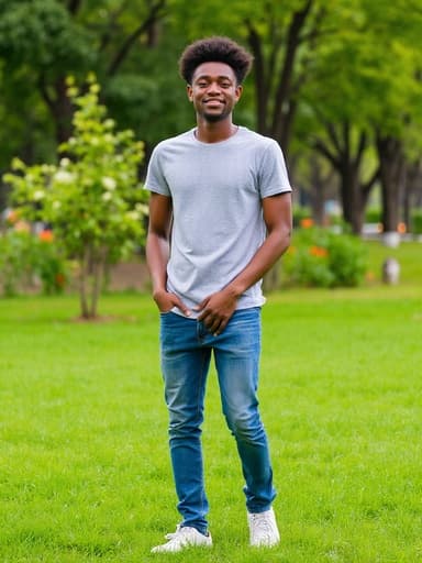 자연스러운 외모를 가진 혼혈 남성 10대 후반의 전신 사진. 캐주얼한 티셔츠와 청바지를 입고, 푸르고 활기찬 공원에 서서 친구들과 웃으며 대화하고 있다. 열정적이고 에너지가 넘치는 모습으로, 푸른 잔디와 나무들, 화려한 꽃들로 둘러싸여 있다.