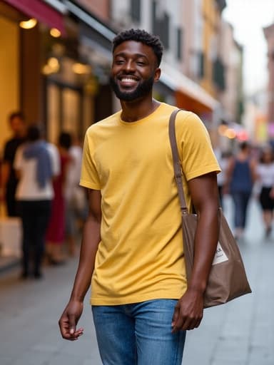 중반 20대의 흑인 남성이 캐주얼한 티셔츠와 청바지를 입고 쇼핑백과 트렌디한 가방을 들고 행복하게 미소 지으며 활기찬 상점들이 가득한 거리 앞에서 촬영된 반신 사진으로, 에너지 넘치는 분위기를 자아냅니다.