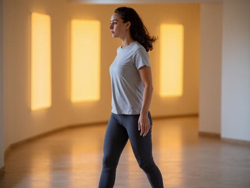 30대 후반의 라틴계 여성이 편안한 운동복을 입고 요가 스튜디오에서 걷고 있는 모습을 반신 촬영한 이미지입니다. 그녀의 표정은 절망과 결단력을 동시에 드러내며, 부드러운 조명의 편안한 배경과의 감정적 대조를 만들어냅니다.