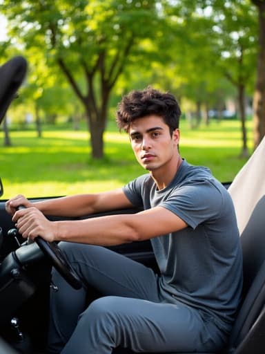 운동복을 착용한 중동계의 젊은 남성이 운전하는 자세로 앉아 있으며, 푸르른 공원의 배경 속에서 여유로운 표정을 짓고 있습니다. 이 이미지는 그의 자연스러운 외모와 주변 자연의 평온함을 강조하며, 편안함과 스타일의 순간을 포착합니다.