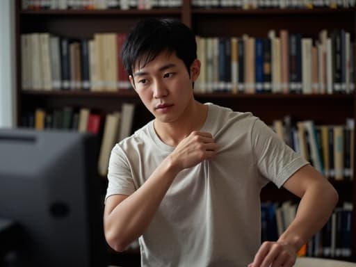 이 이미지는 30대 초반의 동양인 남성이 편안한 티셔츠와 청바지를 입고 조용한 도서관의 책상에 앉아 있는 모습을 보여줍니다. 그는 약간 긴장한 표정을 지으며 한 손으로 셔츠 소매를 고치고 컴퓨터를 바라보고 있으며, 책장이 가득 찬 도서관 환경에서 차분함과 약간의 혼란을 동시에 느끼게 합니다.