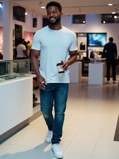 자신감 넘치는 30대 중반의 아프리카계 남성이 반신 사진으로 포착되었습니다. 그는 캐주얼한 티셔츠와 청바지, 심플한 스니커즈를 착용하고 있으며, 한 손에는 커피 컵을 들고 다른 손으로 전자기기를 조작하고 있습니다. 배경에는 현대적인 전자제품 매장이 다양한 제품들이 전시되어 있어 생동감 넘치는 분위기를 자아냅니다.