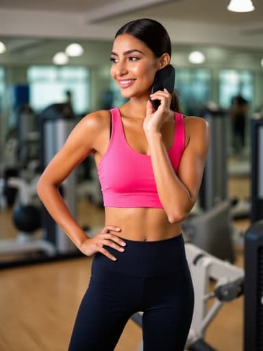 편안한 요가 복을 입고, 한 손으로 전화를 들고 다른 손은 허리에 올려놓은 중동계 여성 10대가 운동 기구와 거울이 있는 헬스장에서 서 있는 모습. 행복한 미소를 지으며 자연스러운 표정을 짓고 있습니다.