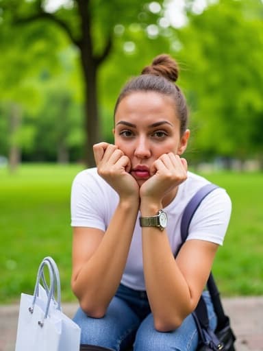 30대 중반의 백인 여성이 공원의 테이블에 앉아 쇼핑 가방을 움켜잡고 화난 표정을 짓고 있습니다. 푸른 잔디와 나무들로 이루어진 평화로운 배경이 그녀의 강렬한 감정과 대조를 이루고 있습니다.