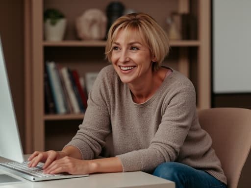 30대 후반의 한국 여성이 아늑한 온라인 강의실에서 책상에 앉아 니트 스웨터와 청바지를 입고 자연스러운 미소를 지으며 온라인 강의를 듣고 있습니다. 잘 정리된 책장과 화이트보드가 배경에 있어 학습에 따뜻하고 초대하는 분위기를 만들어냅니다.