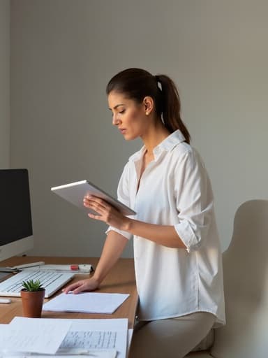 중동계 20대 중반 여성의 반신 촬영으로, 캐주얼한 블라우스와 편안한 바지를 입고 있습니다. 그녀는 찡그린 표정으로 집중하며 태블릿을 들고 청소하는 모습입니다. 정돈된 사무실 환경이 배경으로, 책상 위에는 문서와 컴퓨터가 놓여 있어 전문적이면서도 편안한 분위기를 자아냅니다. 이 이미지는 그녀의 집중과 일에 대한 헌신을 담고 있으며, 현대적인 일상과 개인적인 참여의 조화를 보여줍니다.