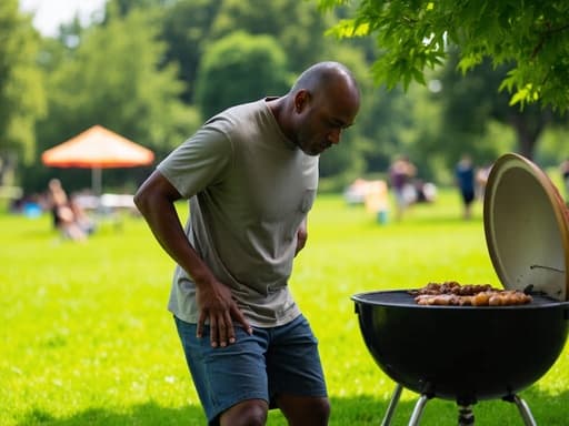 50대 초반의 자연스러운 외모를 가진 흑인 남성이 편안한 티셔츠와 반바지를 입고 바베큐 그릴 주변을 청소하고 있는 모습을 반신으로 촬영했습니다. 의기소침한 표정을 지으며 푸르고 나무가 있는 피크닉 장소에서의 모습이 담겨 있습니다.