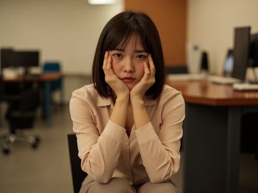 20대 초반의 아시아계 여성 한 명이 현대적인 사무실에서 다리를 꼬고 앉아 있습니다. 그녀는 캐주얼한 블라우스와 슬랙스를 입고 있으며, 슬픈 표정으로 눈물을 흘리며 손으로 얼굴을 감싸고 있습니다. 주변은 현대적인 사무실 인테리어로 꾸며져 있어 감정적인 분위기를 더욱 부각시킵니다.