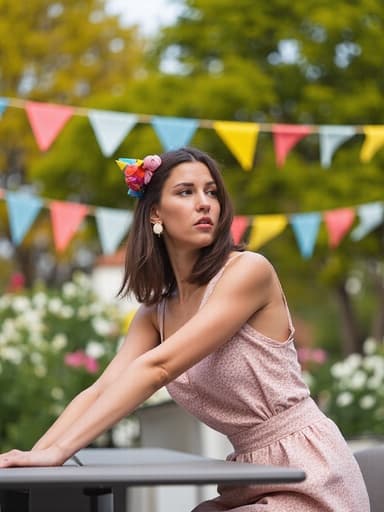 30대 중반의 유럽계 여성이 자연스러운 외모로 야외 생일 파티의 회의 테이블에 앉아 있는 반신 샷입니다. 캐주얼한 드레스를 입고 생일 파티에 어울리는 액세서리를 착용하며, 팔짱을 끼고 약간 기대고 있는 자세로 불만스러운 표정을 짓고 있습니다. 배경에는 화사한 꽃들과 나무가 있는 생동감 넘치는 생일 파티의 분위기가 연출되어 있습니다.
