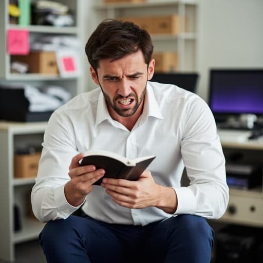 40대 중반의 라틴계 남성이 짙은 갈색 머리와 약간의 수염을 가진 자연스러운 외모로, 깔끔한 흰색 셔츠와 네이비 블루 색상의 정장 바지를 입고 있는 반신 상입니다. 그는 책을 읽으며 분노한 표정을 지으며, 눈썹을 찌푸리고 입술을 굳게 다물고 있습니다. 배경은 컴퓨터와 어수선한 서류들이 놓인 사무실 책상으로, 긴장감 넘치는 작업 환경을 담고 있습니다.