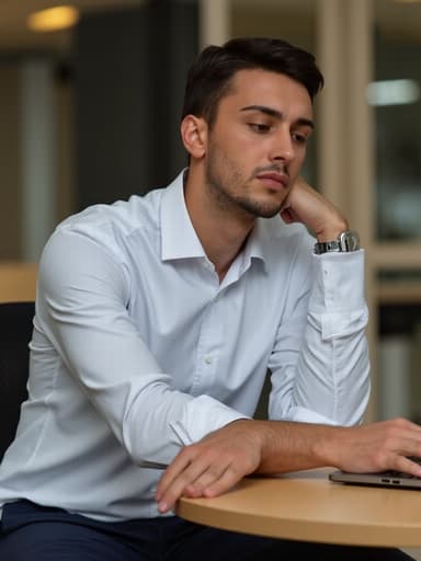 20대 후반의 라틴계 남성이 깔끔한 셔츠와 슬랙스를 착용하고, 팔을 교차하며 테이블에 앉아 노트북을 바라보며 집중하는 모습의 반신 사진. 배경은 현대적인 공유 오피스 환경으로, 전문적이면서도 편안한 분위기를 연출합니다.