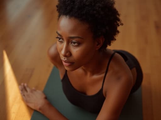 20대 중반의 아프리카계 여성은 편안한 요가복을 입고 요가 매트 위에서 요가 자세를 취하고 있는 모습이 반신 샷으로 촬영되었습니다. 그녀의 얼굴에는 눈물이 흐르고 있으며, 깊은 슬픔을 전달하고 있습니다. 이 이미지는 따뜻한 조명과 나무 바닥이 있는 현대적인 요가 스튜디오에서 촬영되어 조용하면서도 감정적인 분위기를 만들어냅니다.