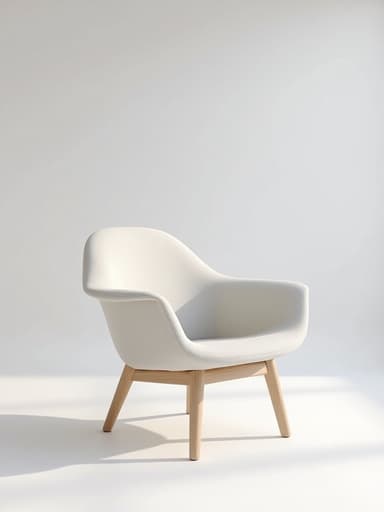 라운지 체어, 미니멀리스트 디자인, 부드러운 패브릭, 자연목 다리, 미니멀한 화이트 스튜디오 중앙에 배치, 차분한, 현대적인