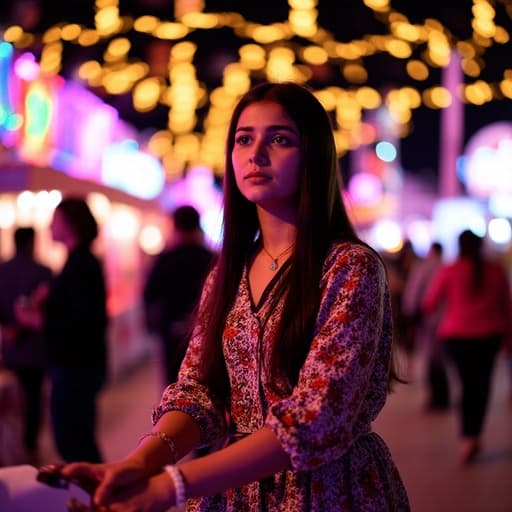 중동계 10대 후반 여성의 반신 샷. 화려한 드레스와 액세서리를 착용하고, 신발을 신으려 하며 한쪽 발을 들어올린 모습에서 약간의 실망감을 표현하고 있다. 배경은 다채로운 조명과 사람들로 가득한 축제의 장면이다.