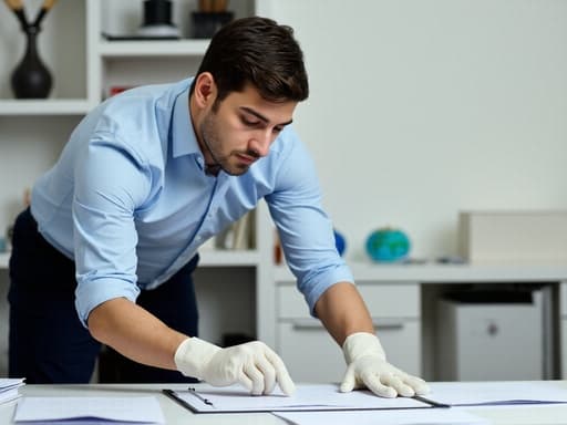 30대 중반의 혼혈 남성이 깔끔한 셔츠와 바지를 입고 작업용 장갑을 끼고 있는 반신 사진입니다. 그는 차분한 표정으로 서류를 정리하며 집중하고 있으며, 정돈된 책상 위에는 서류와 사무용품들이 가지런히 놓여 있어 전문적이고 성실한 분위기를 자아냅니다.