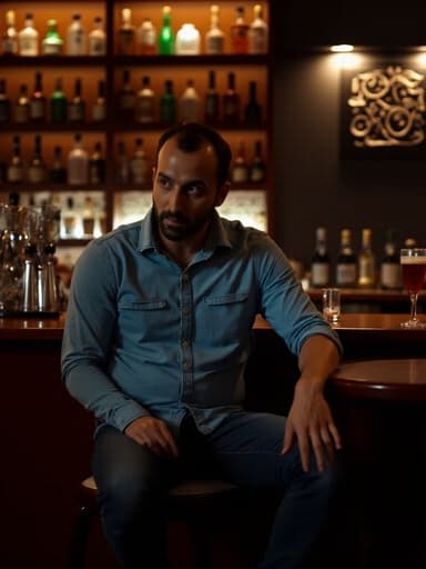 40대 초반의 중동계 남성이 캐주얼한 셔츠와 청바지를 입고 바 테이블에 팔을 올리고 앉아 지루한 표정을 짓고 있는 반신 사진. 그의 다리는 교차되어 있으며, 다양한 음료가 진열된 어두운 조명의 바 배경이 아늑하면서도 활기찬 분위기를 연출합니다.