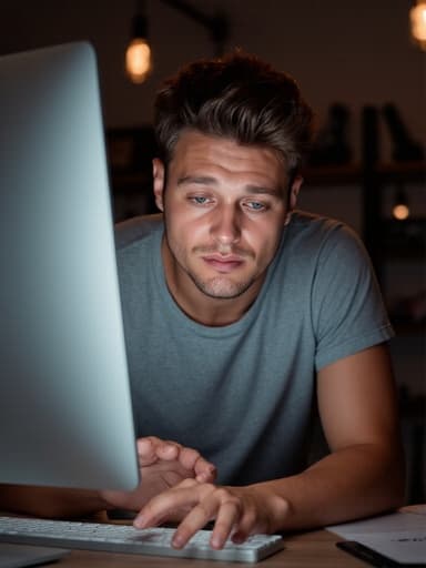 20대 중반의 유럽계 남성이 정리된 사무실 환경에서 반신 촬영된 모습입니다. 그는 편안한 티셔츠와 청바지를 입고 있으며, 컴퓨터 화면을 응시하며 짜증난 표정을 지으며 키보드를 두드리고 있습니다. 책상이 정돈되어 있어 전문적인 작업 공간을 강조합니다.