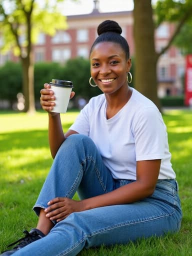 이 이미지는 30대 중반의 자신감 넘치는 흑인 여성이 커피 컵을 들고 편안하게 앉아 있는 모습으로, 티셔츠와 청바지를 입고 대학 캠퍼스의 푸른 잔디밭과 건물들이 배경을 이루며 따뜻하고 초대하는 분위기를 발산하고 있습니다.