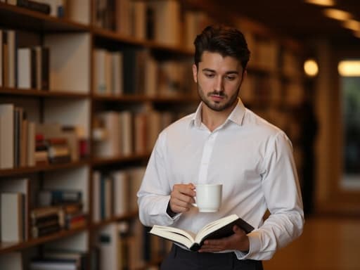 20대 후반의 유럽계 남성이 흰색 셔츠와 어두운 색 슬랙스를 입고, 한 손에 커피 컵을 들고 다른 손으로 책을 넘기는 모습의 반신 샷입니다. 배경은 부드러운 조명으로 비춰진 조용한 도서관으로, 평화로운 분위기를 자아냅니다.