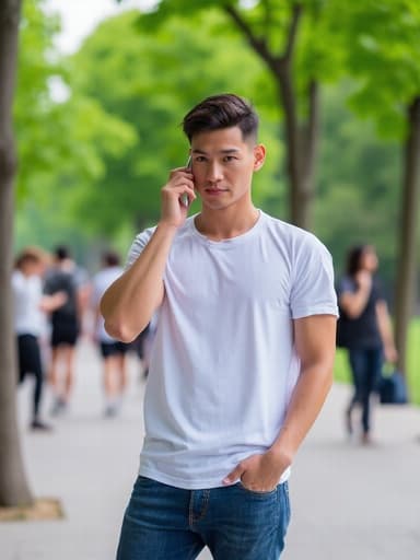 30대 후반의 아시아계 남성이 자연스러운 외모로 캐주얼한 티셔츠와 청바지를 입고 있는 반신 사진입니다. 한 손으로 전화를 귀에 대고 다른 손은 주머니에 넣고 있으며, 약간 무관심한 표정을 짓고 있습니다. 배경은 사람들이 지나가는 공원으로, 장면의 캐주얼한 분위기를 더해줍니다.