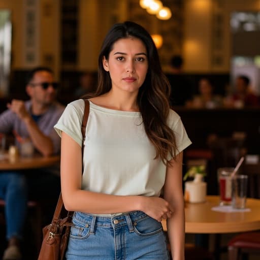 아늑한 카페에서 자연스러운 외모를 가진 20대 초반의 중동계 여성이 편안한 티셔츠와 청바지를 입고 가방을 메고 테이블 쪽으로 걸어가면서 약간 짜증이 난 표정을 짓고 있습니다. 배경은 다양한 음료와 다른 손님들로 가득한 따뜻하고 매력적인 분위기입니다.
