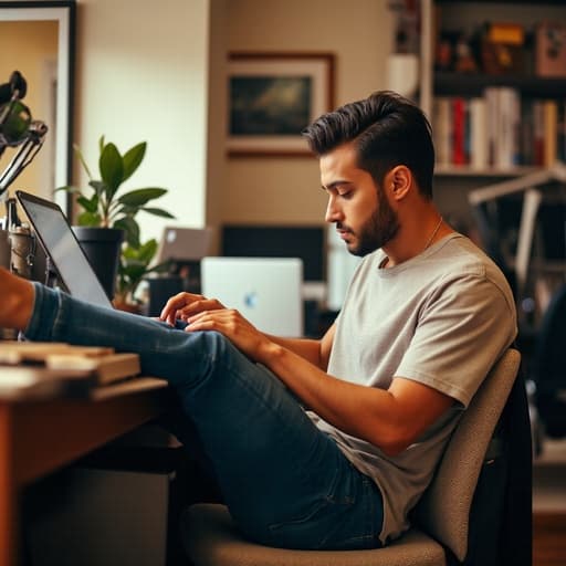 이미지에는 20대 후반의 자신감 넘치는 라틴계 남성이 편안한 티셔츠와 청바지를 입고 아늑한 개인 공간에 앉아 있는 모습이 담겨 있습니다. 그는 집중한 표정으로 노트북 앞에 앉아 작업하고 있으며, 책상 위에는 다양한 기술 기기가 놓여 있어 생산적인 분위기를 자아냅니다.