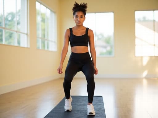 밝은 요가 스튜디오에서 필라테스 매트 앞에서 기다리는 열정적인 10대 아프리카계 소녀의 반신 사진. 편안한 필라테스 복장을 입고 기대에 찬 표정을 짓고 있다.