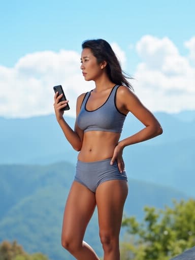 50대 초반의 한국인 여성이 스포츠 브라탑과 수영 반바지를 입고 있는 반신 사진입니다. 한 손에 전화를 들고 다른 손은 허리에 얹고 긴장한 표정을 지으며 약간의 불안함을 나타내고 있습니다. 배경에는 푸른 산과 맑은 하늘이 펼쳐져 있어 그녀의 감정 상태와 주변의 평화로운 자연이 대조를 이루고 있습니다.