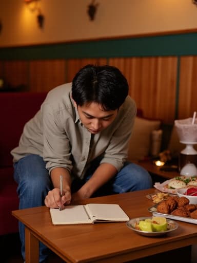 중반 20대 아시아계 남성이 캐주얼한 셔츠와 청바지를 입고, 슬픈 표정을 지으며 고개를 약간 숙이고 있는 반신 사진. 그는 테이블 위에 놓인 노트에 집중하며 글을 쓰고 있으며, 아늑한 레스토랑 내부에서 파티 음식들이 세팅되어 있다. 따뜻한 조명이 장면의 감정적 깊이를 더해준다.