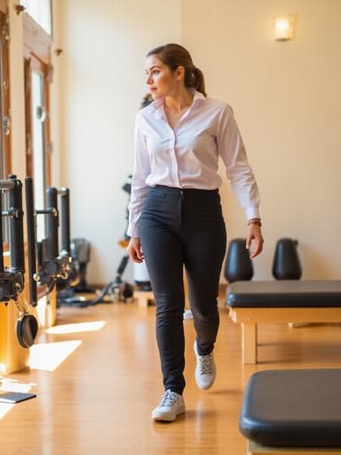 40대 중반의 중동계 여성이 편안한 필라테스 운동복을 착용하고 필라테스 매트를 지나치며 당황한 표정으로 걷고 있는 모습. 밝은 조명이 있는 필라테스 스튜디오 내부에는 다양한 운동 기구가 배치되어 있다.