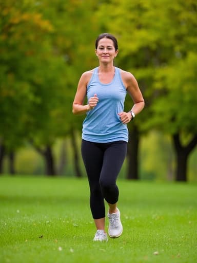 30대 후반의 백인 여성이 편안한 운동복과 스니커즈를 착용하고 푸른 잔디와 나무가 있는 야외 공원에서 달리는 모습이 보입니다. 그녀는 자연스러운 외모를 가지고 있으며 불만스러운 표정을 지은 채 동료에게 손을 흔들며 달리고 있어, 운동 중 느끼는 동기 부여의 어려움을 담아낸 순간을 보여줍니다.