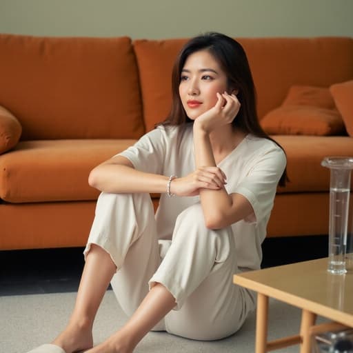 20대 중반의 아시아계 여성이 자연스러운 외모로 편안한 홈웨어와 슬리퍼를 입고, 아늑한 거실 바닥에 앉아 다리를 세우고 턱을 괸 모습이 반신 샷으로 담겼습니다. 그녀는 여유롭고 고급스러운 감정을 지니고 있으며, 소파와 커피 테이블이 배치된 따뜻한 배경이 이 장면의 초대하는 분위기를 더욱 강조합니다.