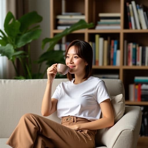 30대 초반의 동양인 여성은 편안한 티셔츠와 슬랙스를 입고 소파에 앉아 따뜻하게 미소 지으며 커피를 마시고 있습니다. 아늑한 거실 배경에는 책장과 식물이 있어 평화롭고 매력적인 분위기를 만들어냅니다.