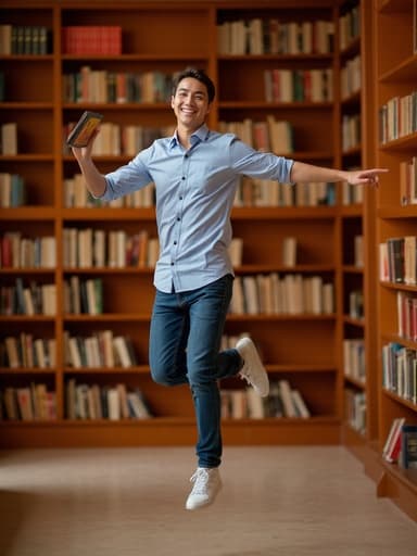30대 후반의 자신감 있는 아시아계 남성이 책을 들고 점프하는 모습이 담긴 전체 신체 사진입니다. 그는 캐주얼한 셔츠와 청바지, 편안한 운동화를 착용하고 있으며, 잘 정돈된 도서관을 배경으로 독서에 대한 열정을 드러내고 있습니다.