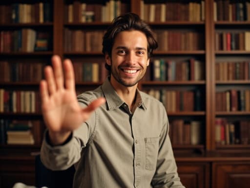 이 이미지는 20대 후반의 백인 남성이 자연스러운 외모로 캐주얼한 셔츠와 청바지를 입고 있는 반신 사진을 보여줍니다. 그는 따뜻하게 미소 지으며 한 손을 흔들며 인사하고 있으며, 주변은 책으로 가득 찬 아늑한 도서관입니다. 전체 분위기는 친근하고 초대하는 느낌을 주며, 학구적인 환경에서 자연스러운 상호작용을 보여줍니다.