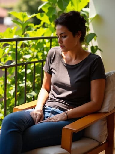 이 이미지는 40대 초반의 혼혈 여성이 편안한 티셔츠와 청바지를 입고 의자에 앉아 있는 반신 초상을 담고 있습니다. 그녀는 음악을 감상하며 고개를 약간 숙이고 있으며, 사색에 잠긴 듯한 표정을 짓고 있습니다. 따뜻한 햇살이 비치는 아늑한 베란다에 여러 식물들이 있는 모습이 평화롭고 초대하는 듯한 분위기를 만들어냅니다.