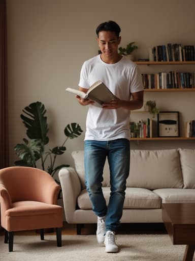 20대 후반 아시아계 남성이 캐주얼한 티셔츠와 청바지를 입고 책을 들고 점프하며 차가운 표정을 짓고 있는 전신 샷입니다. 아늑한 거실 배경에는 책장, 소파, 커피 테이블이 있어 독서의 즐거움을 강조하는 따뜻한 분위기를 만들어냅니다.
