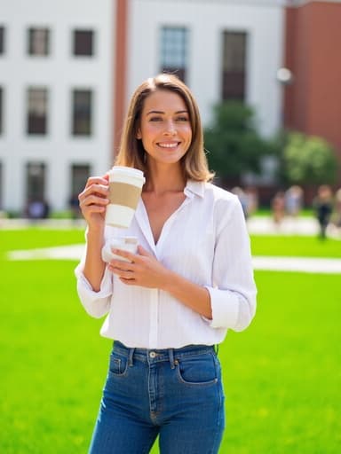 중반 30대의 백인 여성이 캐주얼한 블라우스와 청바지를 입고 밝게 웃으며 커피를 여유롭게 마시는 모습이 대학 캠퍼스의 잔디밭과 건물들이 배경으로 있는 이미지입니다.