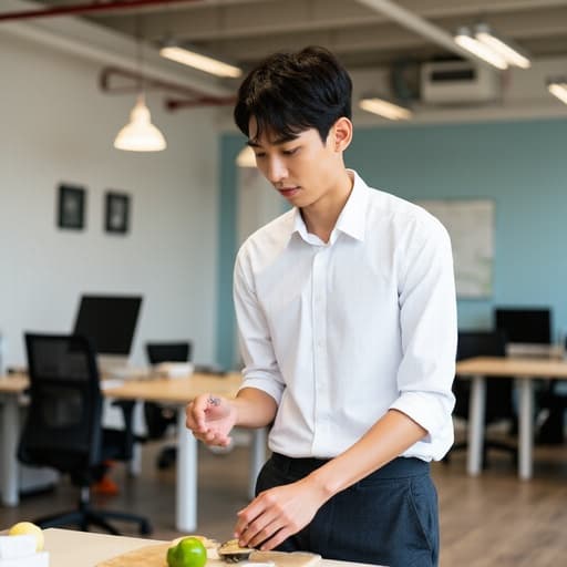 20대 초반의 한국인 남성이 깔끔한 화이트 셔츠와 어두운 색 슬랙스를 입고, 모던한 디자인의 공유 오피스에서 재료를 다듬고 있는 모습이 반신 촬영된 이미지입니다. 집중한 표정이 그의 몰입도를 잘 보여주며, 스타일리시한 사무 환경이 생산적인 분위기를 더합니다.