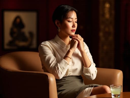 30대 중반의 세련된 동양인 여성이 블라우스와 스커트를 입고 귀걸이와 팔찌로 액세서리를 착용한 반신 촬영입니다. 그녀는 의자에 편안하게 앉아 팔을 무릎에 올리고 손가락으로 턱을 받쳐 고심하는 표정을 지으며 아래를 바라보고 있습니다. 배경은 화려한 장식이 있는 어두운 조명의 클럽 분위기로, 테이블 위에는 음료가 놓여 있어 세련된 분위기를 더해줍니다.